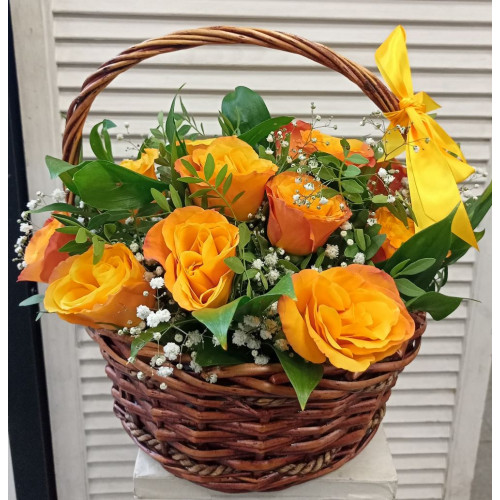 A basket of flowers on a clear morning